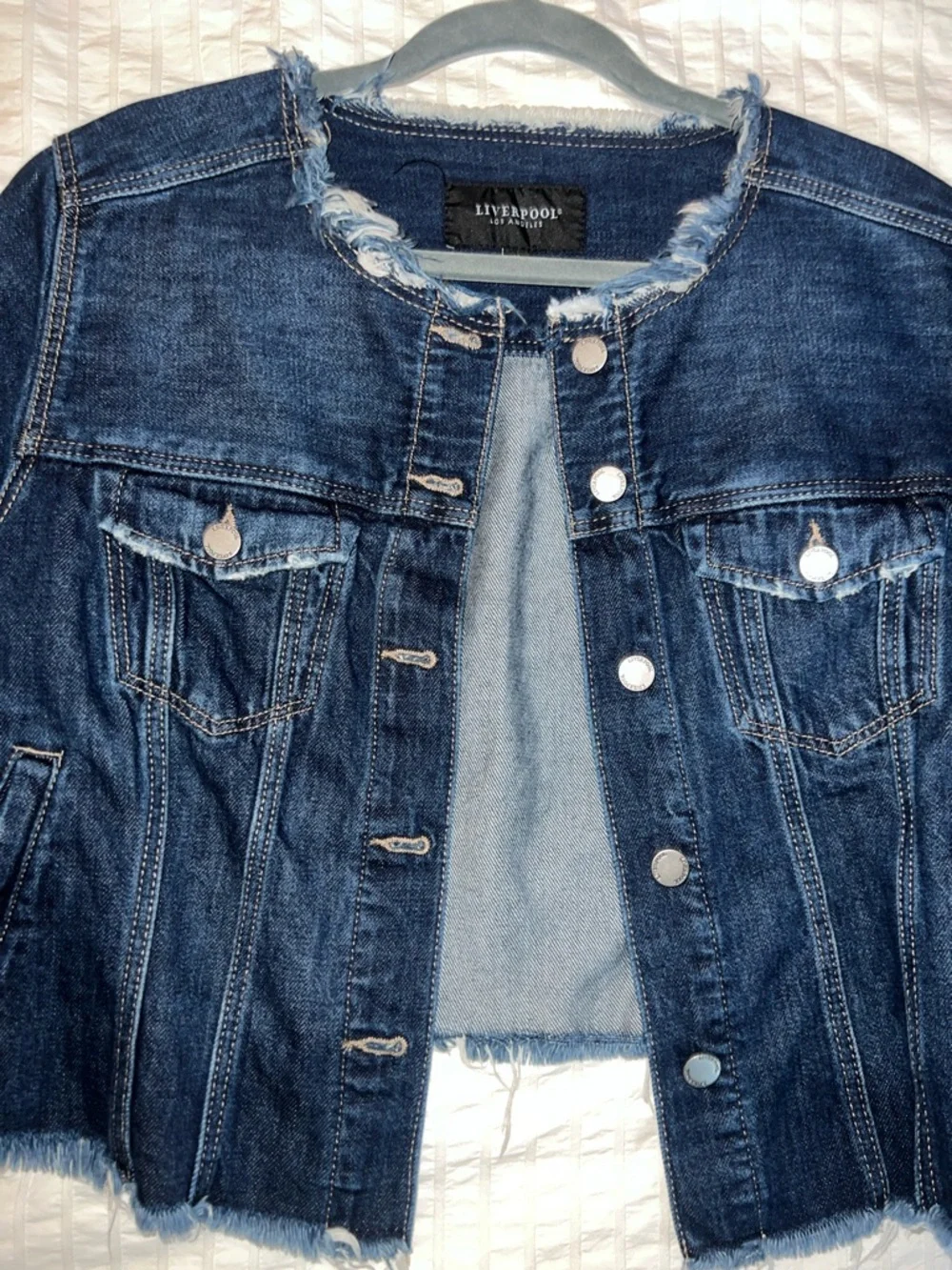 Liverpool Dark Blue Frayed Hem Denim Jacket - Picture 4 of 8